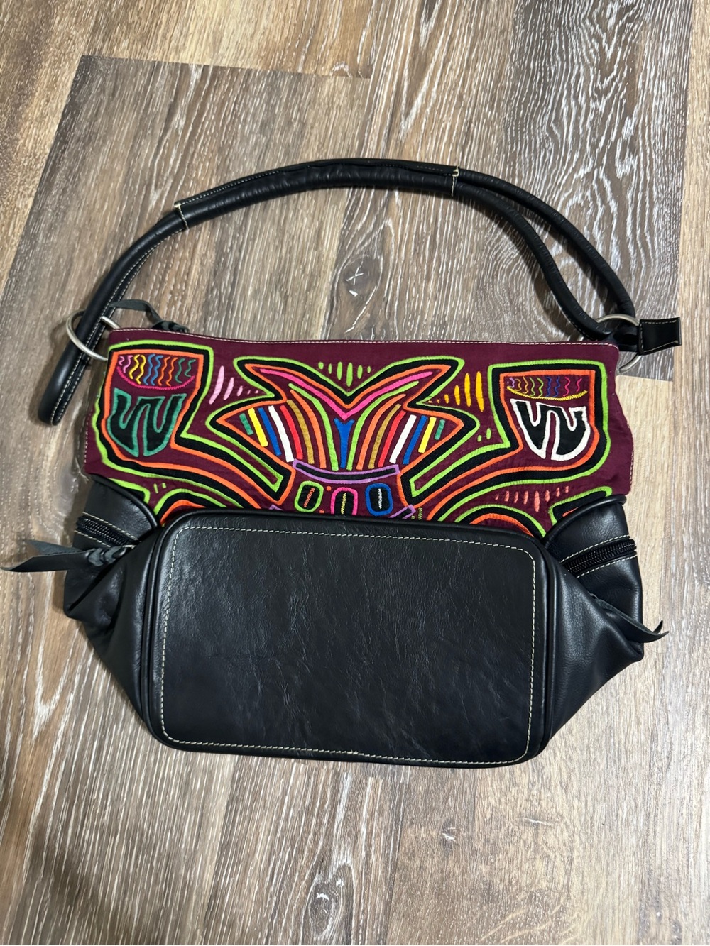 Embroidered Multicolor Panel Black Shoulder Bag